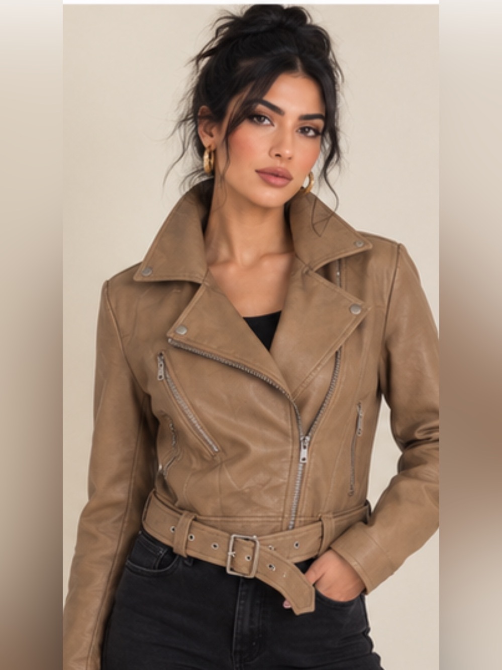 Biker vibes,Brand 🆕 .Stylish Taupe faux Leather Jacket for Women